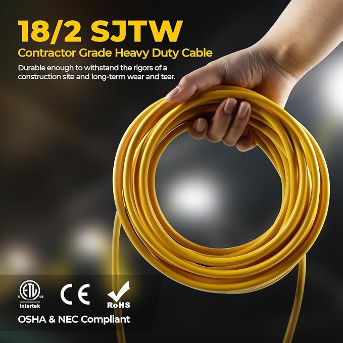 50FT Construction String Lights, 5-Light LED Work Light, 50W 5500LM, ETL Certified, 18/2 SJTW Cord, IP65 Waterproof, Linkable up to 16 Sets, for Attic, Basement, Crawlspace, Garage