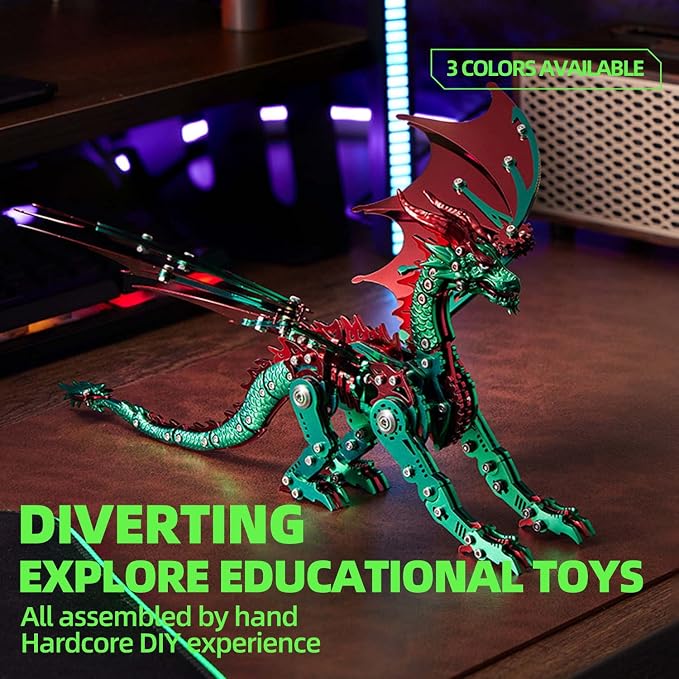 OreilleStar 3D Metal Dragon Puzzle, Mechanical Model Building Kit, Green and Red Assembly Puzzle for Adults Gift (Green Red Dragon)