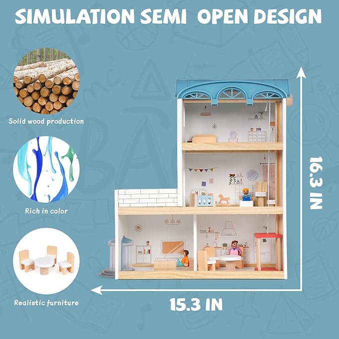 Wooden Dollhouse for Kids, 3-Story Wood Doll House Playset with Furniture, Accessories & 3 Toy Figures, DIY Pretend Play House for Toddlers, Girls & Boys, Miniature Dollhouse with Balcony Gift