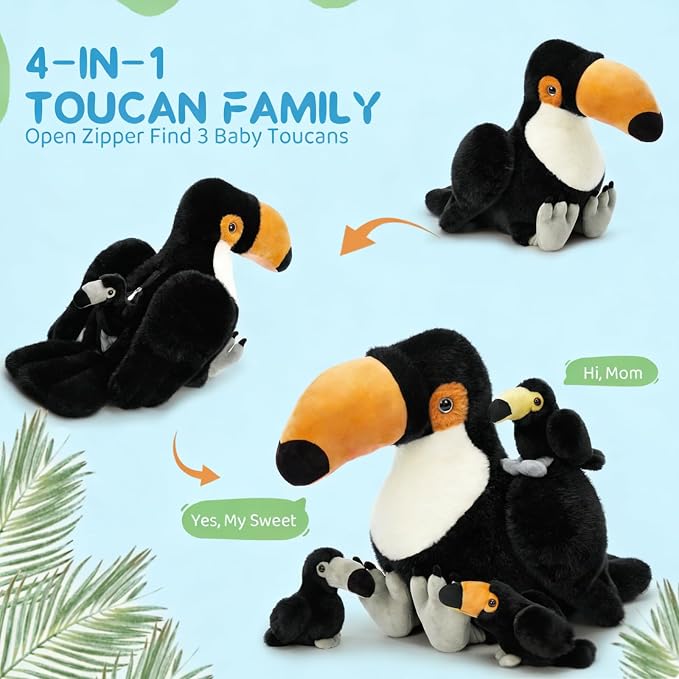 MorisMos 24" Giant Toucan Stuffed Animal Mommy with 3 Baby Toucan Toys for Kid Girl Boy, Realistic Black Bird Plush with Baby Bird Toys Gift for Birthday, Tropical Rainforest Stuffed Animals Decor