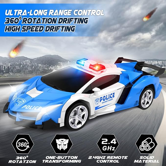 Dolanus Remote Control Police Car - RC Car Transform Robot, Flashing Light, 2.4Ghz, 360 Degree Rotating, Toys for Ages 5-7, Kids Toys, Birthday Gifts for 3 4 5 6 7 8 10 12 Years Old Boy (Blue)