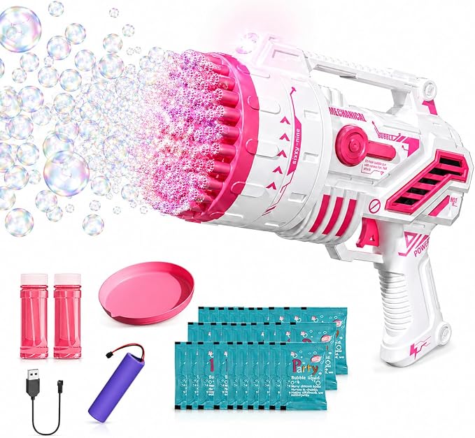 Bubble Gun for Kids, 69-Hole Bubble Blaster with LED Lights, Pink | 69-hole bubble machine gun for kids ages 4-8, with LED lights for summer, birthday, party and outdoor play.