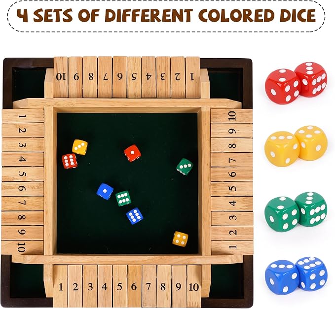Kvintes 12 Inch Shut The Box Dice Game – Wooden Tabletop Board Game with Felt Mat, 10 Number Tiles & 8 Dice, Classic Bar Game, Family Game Night, Travel Game for Adults