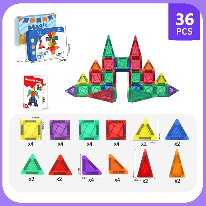 36PCS Mini Travel Magnetic Tiles Set with Iron Box, Portable STEM Building Blocks for Kids Ages 3-8, Educational Construction Toy, Learning Travel Gifts for Boys & Girls