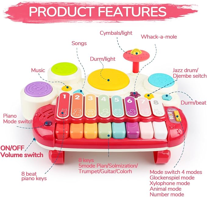 3 in 1 Musical Toys for Toddlers 1-3 Piano Xylophone Drum Set Toys for 1 2 3 Year Old Girls Birthday Music Instruments Baby Learning Developmental Sensory Toys Toddler Toys Age 1-2 2-3