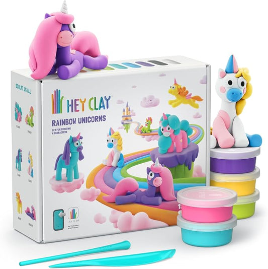 Hey Clay 15 Cans Set - Colourful Modelling Kids Air-Dry Clay 15 Cans with Sculpting Tools and Fun Interactive Instructions for Children Age 3+ (Rainbow Unicorns)