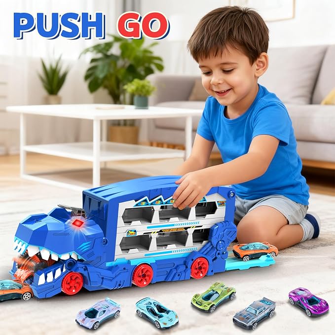 Dinosaur Transport Car Race Track Toy Set for Kids - Monster Carrier Truck Toys for Age 3 4 5 6 7 8 9 10 11 12 Years Old Boy Christmas Birthday Gifts with Die-Cast Metal Toy Cars, Light & Sound