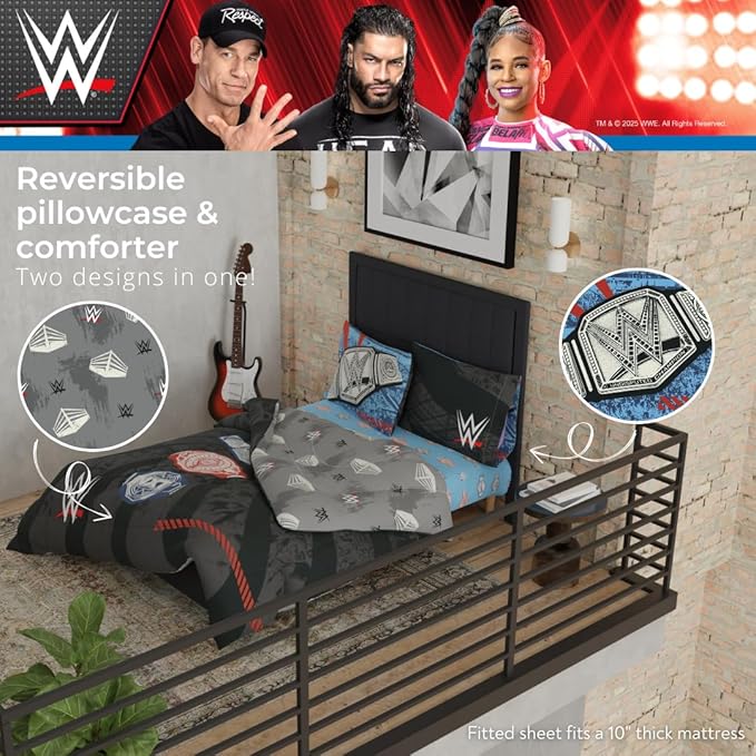 WWE Wrestlemania Bedding Set, Super Soft Microfiber Comforter & Sheet Set, 4-Piece Twin, (Officially Licensed Product) by Franco