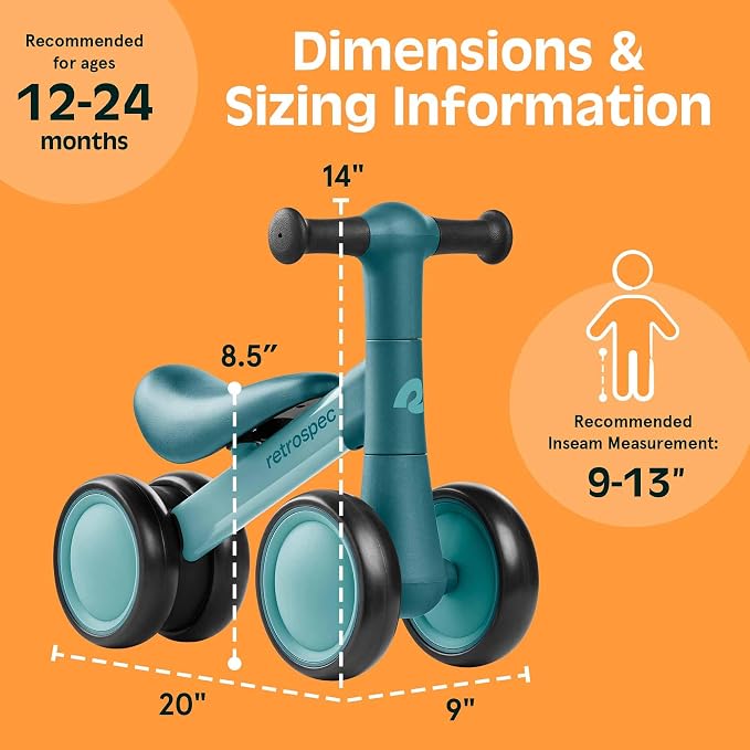 Retrospec Cricket 2 Baby Walker Balance Bike with 4 Wheels - Safe Learning Toy for Ages 12-24 Months - Scratch-Resistant Indoor Outdoor Toddler Riding Toy with Steering Limit & Soft Grips
