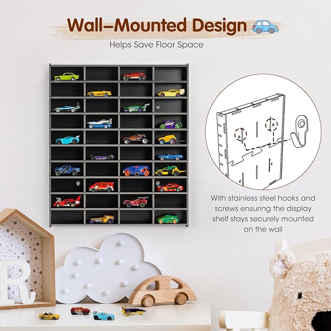 Krafetto Toy Car Display Shelf, Holds 40 Diecast 1/64 Toy Cars, Wall Mount Model Car Storage Organize Case, Black