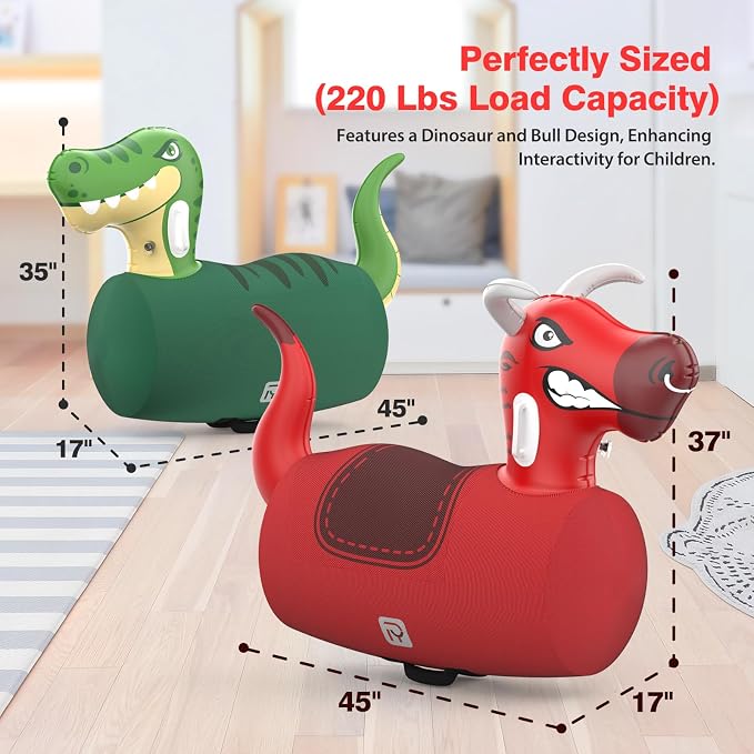 POVYRE Hoppers Kids Boys Outdoor Toys, 2 PCS Giant Inflatable Dinosaur Bull Toys Bouncy Hopper with Pump, Ride-on Jumping Animal for Indoor Outdoor Play, 220 lbs Capacity, Gift for Ages 5+