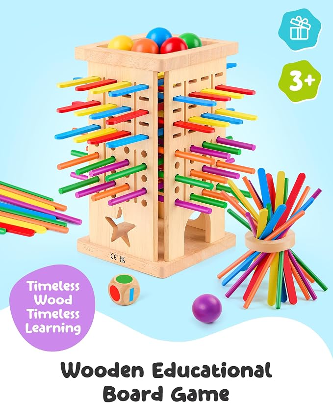 Montessori Game Wooden Board Game, Montessori Toys for 3 4 5 6 Year Olds, Board Games for Kids 4-6, 21 Sticks 21 Strips Fine Motor Skills Toy Family Game, Math Wooden Stick Game, Gift Boys Girls