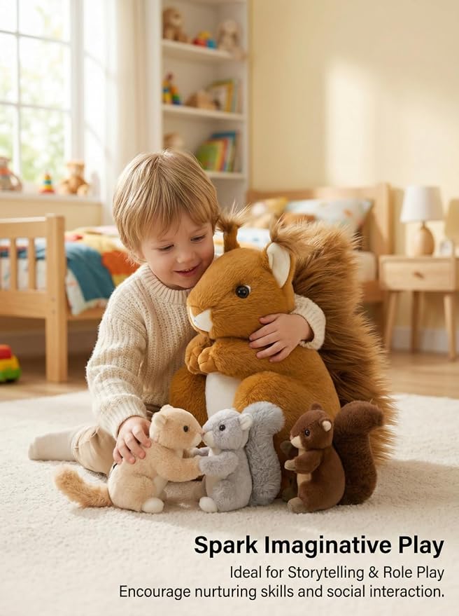 MaoGoLan 4Pcs Squirrel Plush Toys with 3 Baby Squirrels, Realistic Mother Squirrel Stuffed Animal Set, Soft Brown Woodland Animal Plushie Gift for Kids, Girls, Boys & Forest Animal Lovers