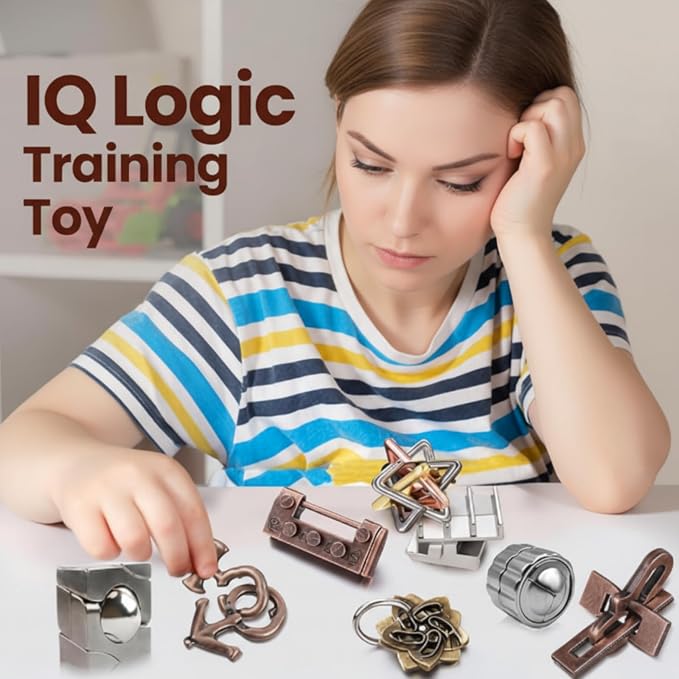 Wettarn 9 Pcs Metal Brain Teaser Puzzles 3D Steel Puzzle Set for Adults IQ Logic Challenge Disentanglement Unlock Interlocking Games Smart Logic Test Toys for Adults Mind Challenge(Educational Style)