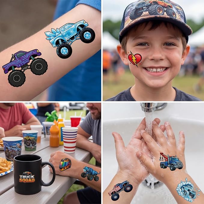 JCFIRE Monster Truck Temporary Tattoos for Kids Boys Age 4-7, Pre-cut Perforated No Scissors Needed, Diggers Construction Car Theme Birthday Party Favors Supplies Decorations Goodie Bag Stuffer