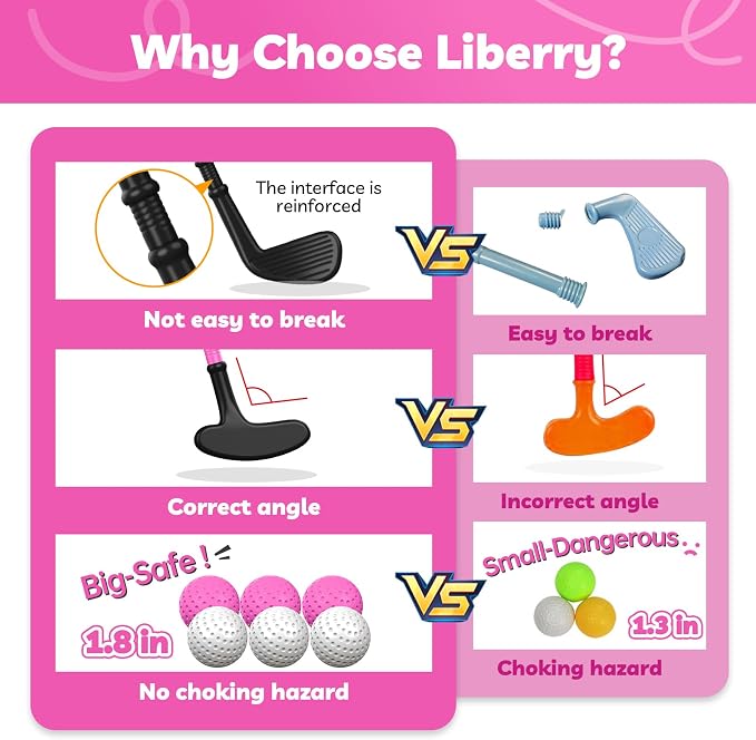 Liberry Toddler Golf Set for Girls Boys 2 3 4 Years Old, Upgraded Kids Golf Cart with Shoulder Strap Design, Outdoor Indoor Sports Toys Birthday Gifts, Black & Pink