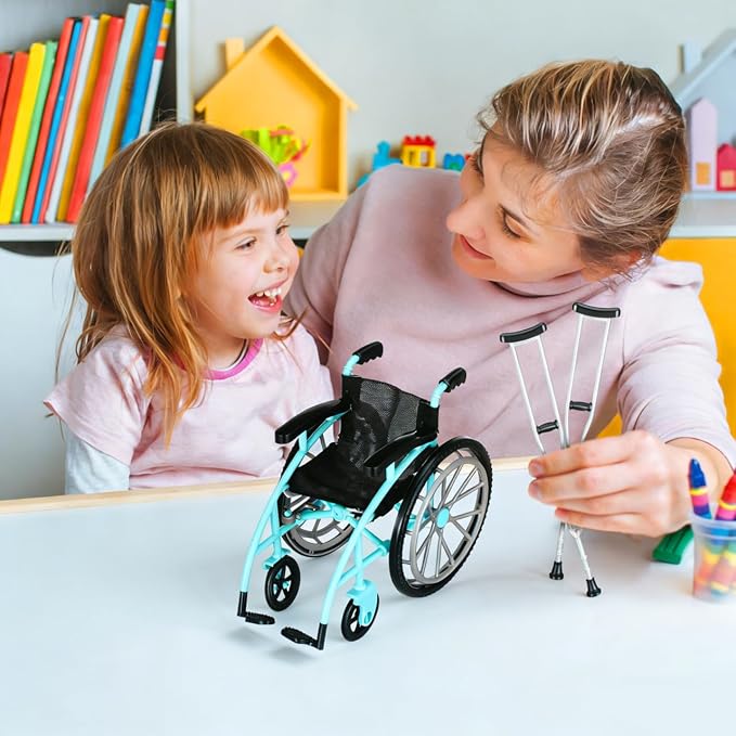 Garneck 1 Set of Green Miniature Wheelchair and Crutches Playset for Doll: Miniature Wheelchair Model for Dollhouse Furniture Accessories DIY Micro Scene Decor