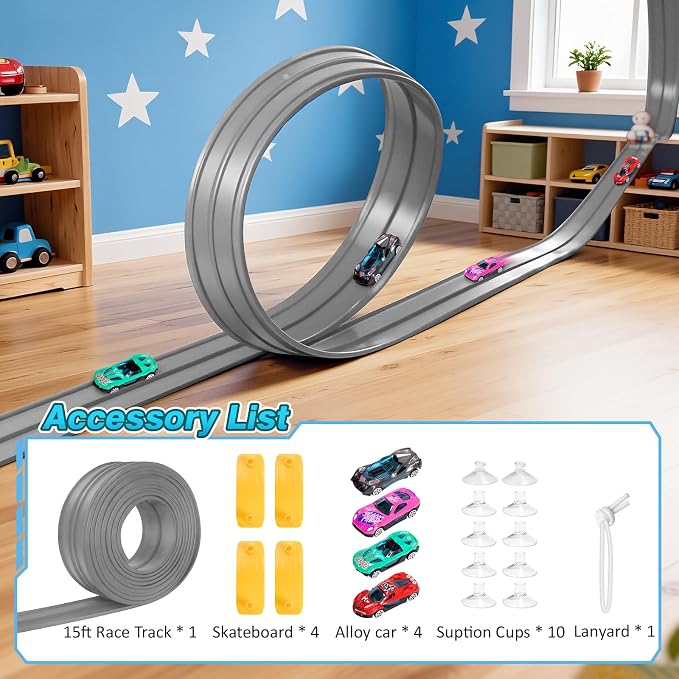 15Ft Flexible Race Car Track for Kids with Suction Cups Compatible with Diecast 1/64th Cars for Ages 3 & Up Blue Gray Orange Red Classic Long Rolls Up Portable Racetrack (Gray)