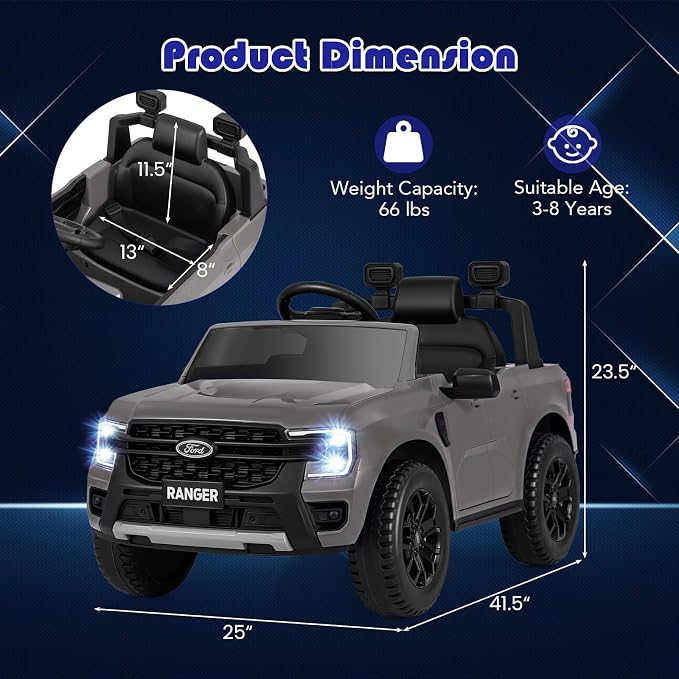 Licensed Ford Ranger Ride on Pickup Truck by INFANS, 12V Battery Powered Electric Vehicle for Kids with Remote Control, Headlight, Power Display, Bluetooth, MP3, Music, Aged 3-6 Years (Gray)