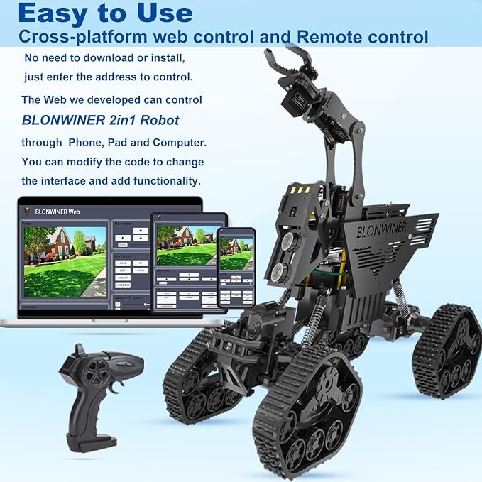 Robot Car Kit, 2 in 1 Smart Robotics Arm Building Toy for Raspberry Pi Python Coding, STEM Programming Tank Kits with Camera (Without RPi Board)