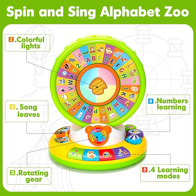 Toys for 1 2 3 Year Old Boys Girls, Musical Spin and Sing Alphabet Zoo, Learning Toys for Toddlers 1-3, Educational Interactive Toys, Christmas Birthday Gift for Baby Age 6-9-12-18 Months (Green)