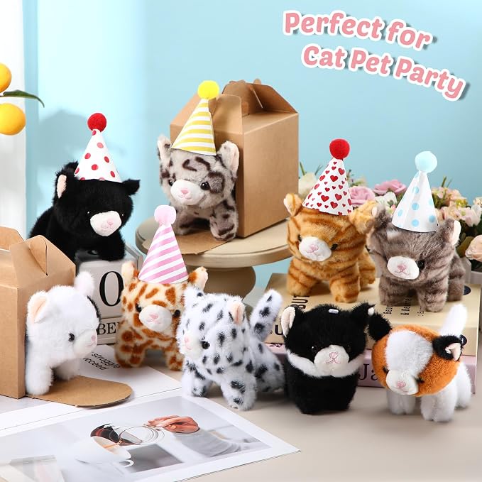 10 Set Kittens Stuffed Animals Bulk with 10 Birthday Hats 10 Kraft Paper Boxes Mini Plush Toys Small Stuffed Cat Pet Gifts for Kids, School Birthday Animal Decor(Standing Style)