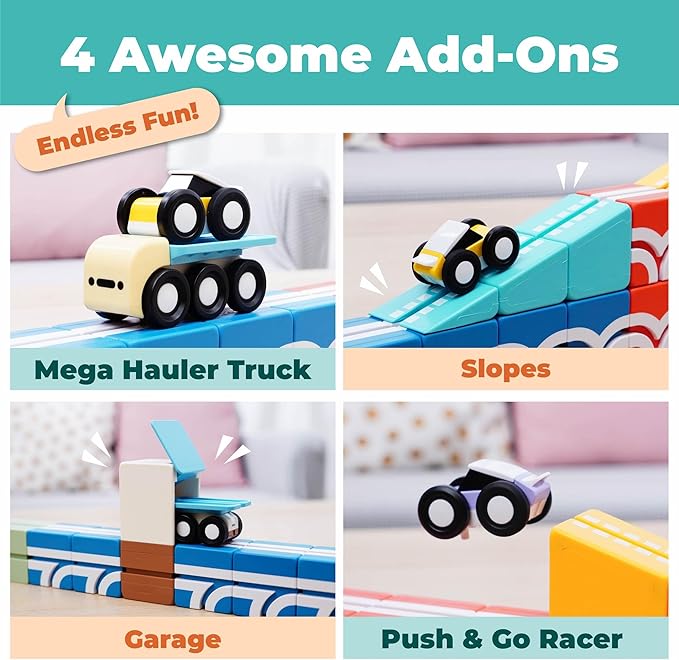 QBI Magnetic Blocks Play Starter Set – STEM Magnet Building Toys for Kids Ages 3-5, 4-in-1 Race Car Track with 4 Cars & 2 Ramps, Birthday Gift (36 PCS)