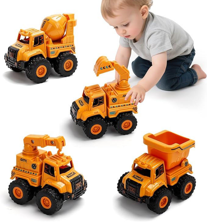 Construction Truck Toys for Toddlers 1-3, Push and Go Toy Vehicles Set with Mixer, Dump Truck, Excavator, Bulldozer, Friction Powered Cars for Boys and Girls, Gift for 2 3 4 5 Year Old Kids