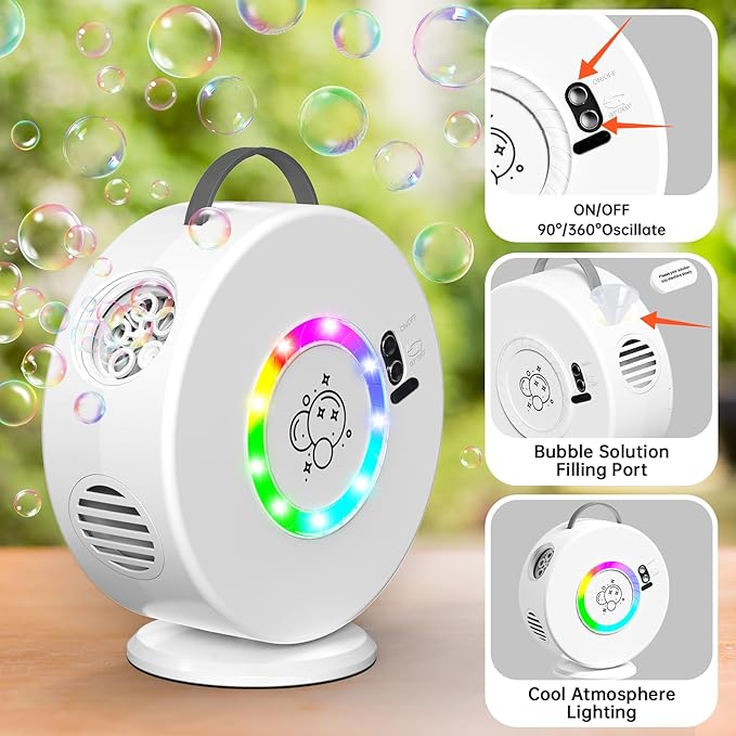 Bubble Machine Automatic LED Lights Bubble Blower for Kids Portable Bubble Maker Auto Rotating 90°/360° Outdoor Toy for Easter and Birthday Gift Party Wedding (Led White)