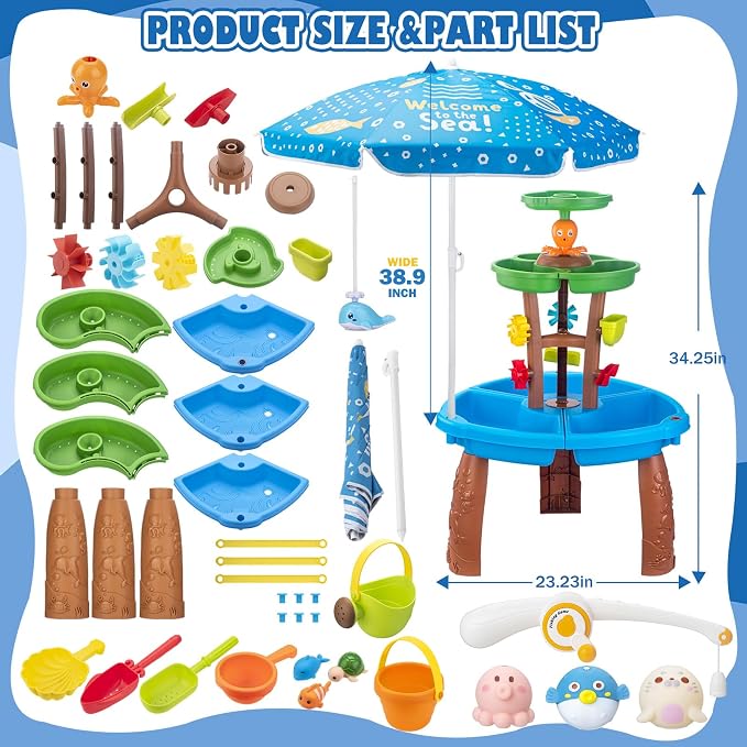 Water Table for Toddlers with Water Pump and Fishing Game Set 3-Tier Kids Sand Water Table with Umbrella Sensory Outdoor Toys for Kids Ages 4-8 Outside Toys Backyard for Kids Toddlers Age 3-10