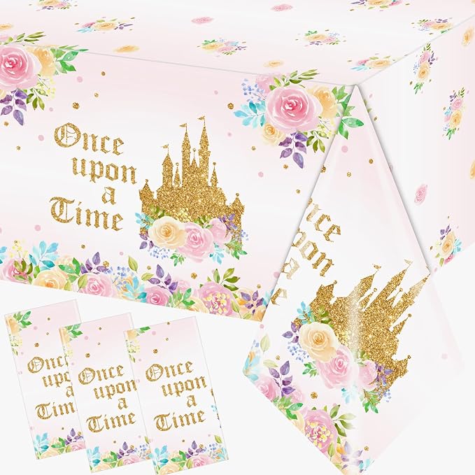 3PCS Princess Birthday Party Tablecloths Decorations, Once Upon a Time Birthday Decorations Plastic Princess Castle Party Floral Table Cover for Girls Baby Shower