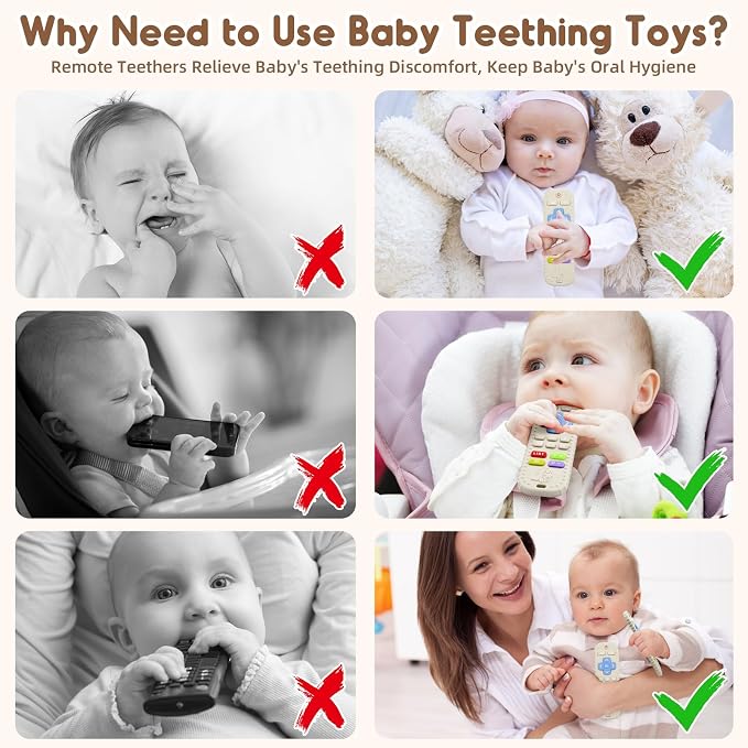Teething Relief Teethers Toys for Babies 3-6-12 Months Gifts, Food Grade Silicone Sensory Remote Control Baby Teether Bath Toys for 9 18 Months Newborn Infant Boy Girl Autism, Beige