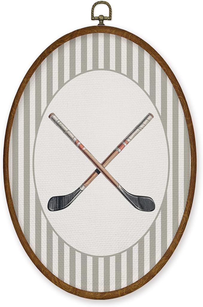 WULQYING Hockey Stick Sports Nursery Wall Art Decor, Boys Room Oval Framed Canvas Art Prints, Neutral Striped Sport Lover Gift Wall Hanging Decor for Kids Nursery Room Playroom, 8.5x11.3 Inches