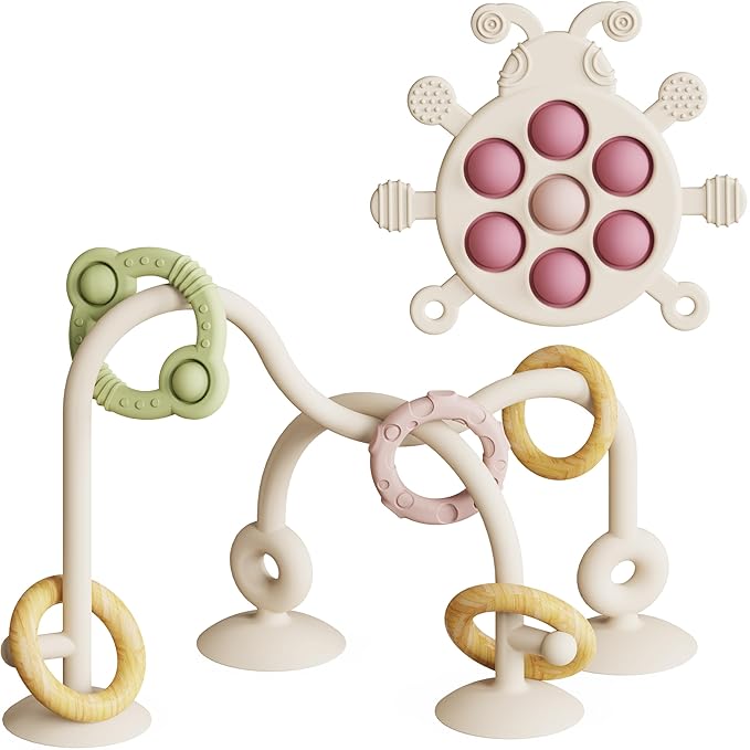 Baby Montessori Toy, High Chair Suction Cup Toy and Teething toy Set - Table Toy & Pop-it Fidget Teether for 6+ Months 1 2 3 Years, BPA Free Silicone Sensory Toys for Baby and Toddler (Beige)