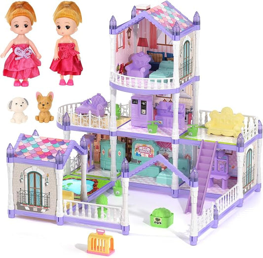 Lilac Purple Doll House for Girls, Dream Dollhouse 9 Rooms with 2 Dolls, Animals, Lights, Furniture and Accessories, Pretend-Play Toddler Playhouse Gift 3+ Year Old Girls Toys