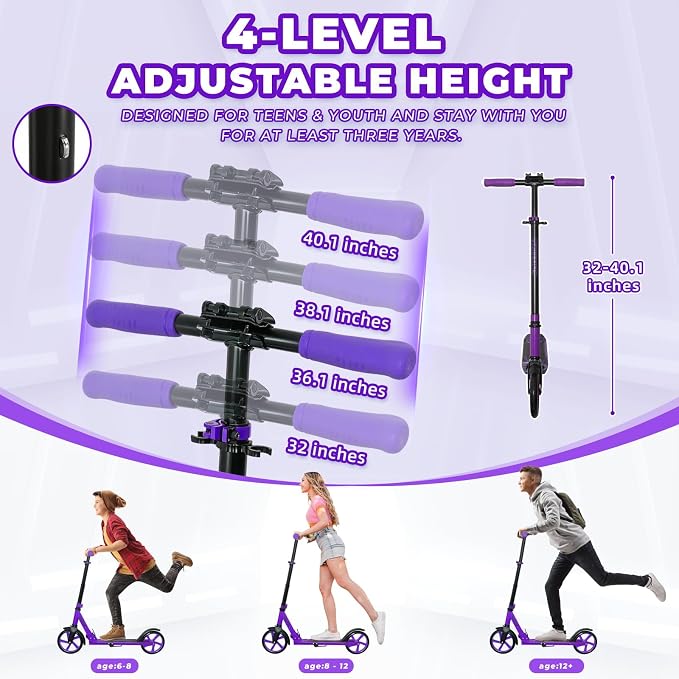 Nattork Scooter for Kids 6+, Teens and Adults- Adjustable Height Folding Kick Scooter with Large Sturdy Wheels for a Smooth Ride, Lightweight, Anti-Shock Suspension for Boys and Girls