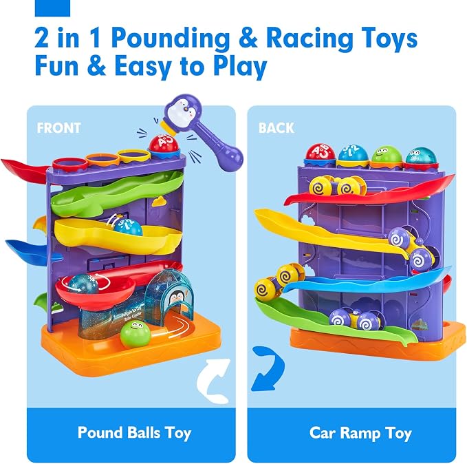 hahaland Ball Drop Toys for 1 Year Old, 2 in 1 Pound a Ball & Car Ramp Montessori Toys for 1 Year Old, Cause and Effect Toys with 4 Balls, 4 Cars & Squeaky Hammer, Toddler Birthday Gift 12M+