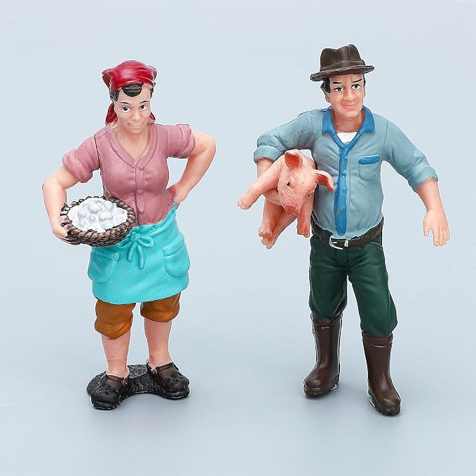 ONEST 14 Pieces Mini Farmer Figurines Hand Painted Farm Animals Figures Realistic Detailed Cow Sheep Poultry Farmer Farm Animal Figurine Model