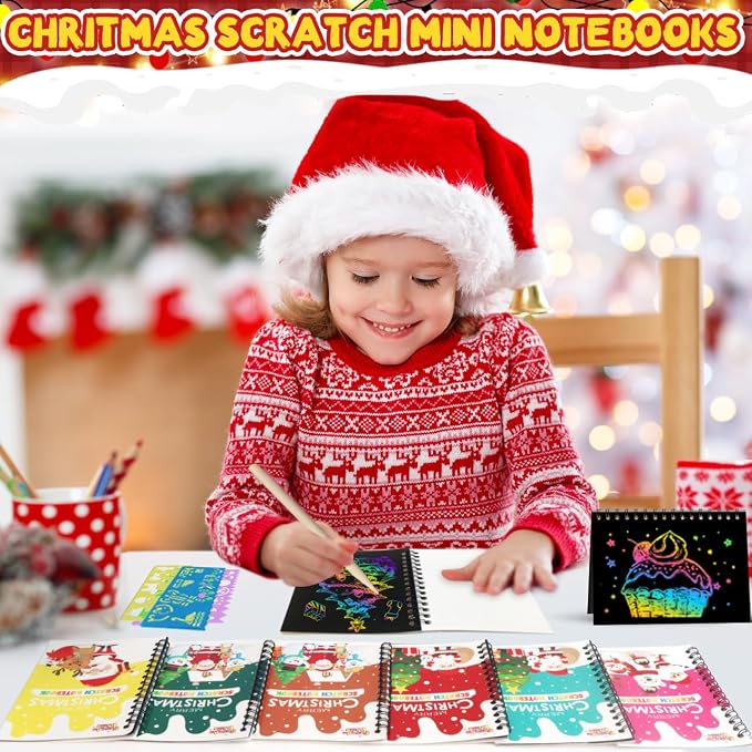 Scratch Paper Art Party Favors for Kids 8-12: 24 Pack Christmas Rainbow Scratch Art Notebook, Christmas Coloring Books Goodie Bags Stuffers for Kids, Bulk Classroom Gifts for Student