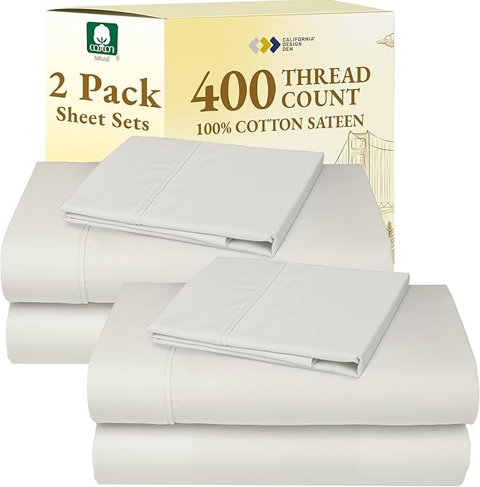California Design Den Pack of 2 Cotton Twin Sheet Sets - 400 Thread Count 100% Cotton Sateen - Soft and Breathable Sheets, 2 Sets of Deep Pocket Bed Sheets - Ivory (Pale Tone)
