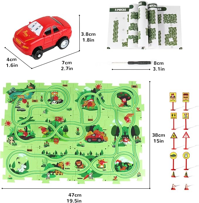 Puzzle Track Car Play Set, Plastic Puzzles for Kids with Vehicles, Railcar Puzzle, Car Tracks for Toddlers, Toys Gifts for 3 4 5 6 Year Old Boys, Toddler Boy Toys 3-4