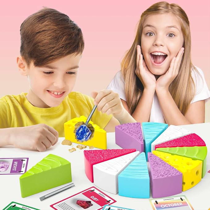 Gem Dig Kit, Dig Up 12 Birthstones, Gemstone Dig Kit for Kids, Birthday Cake Excavation Toy, Educational Gem Mining Kit, Party Favors for Boys & Girls Ages 6+