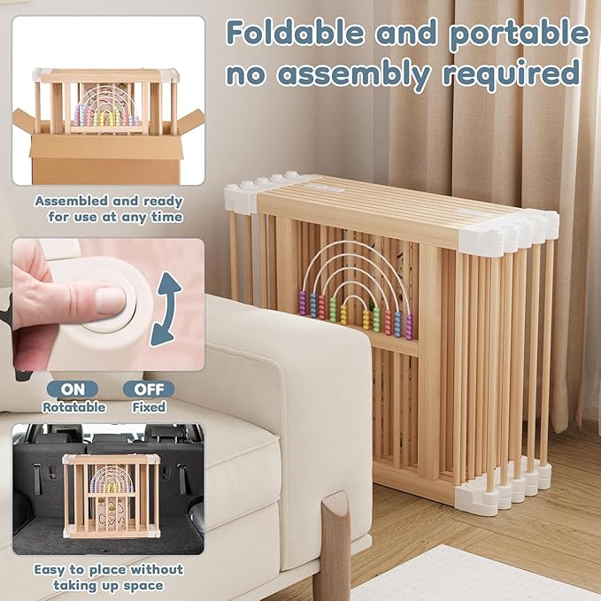 Ulnxiy Wooden Baby Playpen with Montessori Toys, 10-Panel Foldable Wood Play Yard for Toddlers, 84"x56" Large Baby Fence with Safety Lock, CPC Certified Natural Pine Wood Activity Center