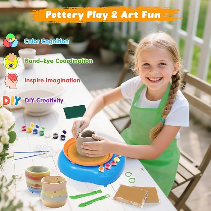 Pottery Wheel for Kids with Complete Clay Kit,Beginner Pottery Painting Set with Air Dry Clay,12 Paints,Sculpting Tools,Apron and Guide,Arts and Crafts Christmas Birthday Gift for Girls Boys Ages 6-12