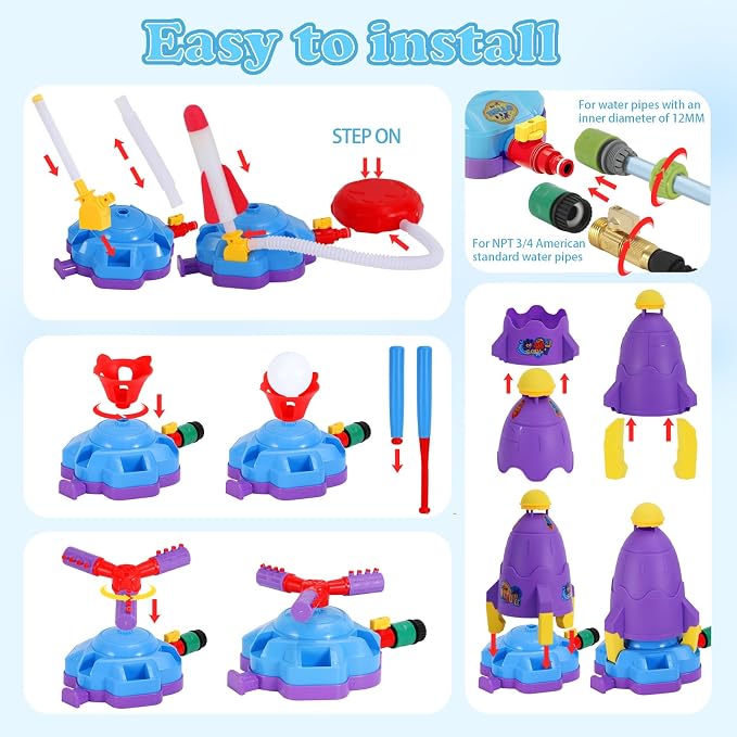 4-in-1 Water Sprinkler Toys for Kids, Outdoor Water Baseball, Rotating Water Spray, Rocket Launcher for Toddlers 3-5, Backyard, Garden, Lawn, and Pool Summer Playset for Boys and Girls Aged 4-12.