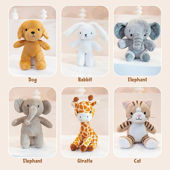 6 Pcs Stuffed Animals Bulk, 11 Inch Small Stuffed Safari Animals, Zoo Stuffed Animals Set (Cat Dog Elephants Giraffe Bunny) Baby Shower Party Decor, Easter Gift for Classroom Kids, Teens, Girls