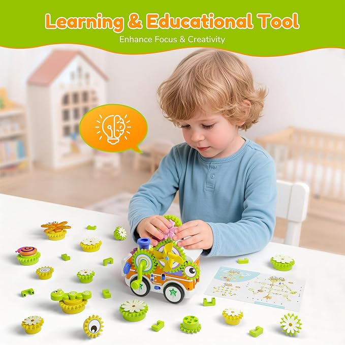 Gears Building Toys for Kids Ages 3+, STEM Construction Set for Toddlers, Train and Flower Models with Electric & Manual Modes, Lights and Music, DIY Educational Learning Toys Gift for Boys and Girls