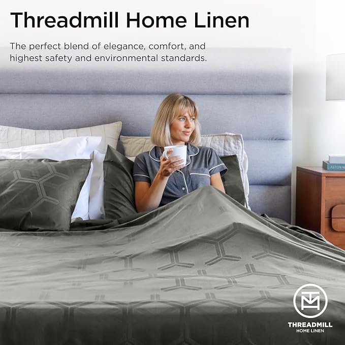 Threadmill 100% Cotton Sheets for King Size Bed - 600 Thread Count King Bed Sheets Set with 16” Deep Pocket - Jacquard Sateen Weave 4-Piece Bedding Set with Cooling Effect, Dark Grey