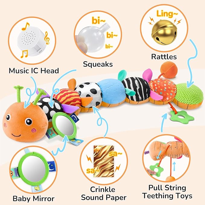 Baby Toys Musical Caterpillar Interactive Multicolored Infant Toy Crinkle Rattle Soft with Ring Bell Stuffed Cuddly Baby Toy with Ruler Design Educational Toddler Plush Toy for Preschool | Stuffed Animals Tummy Time Teething Toys with Mirror Pull Strin...
