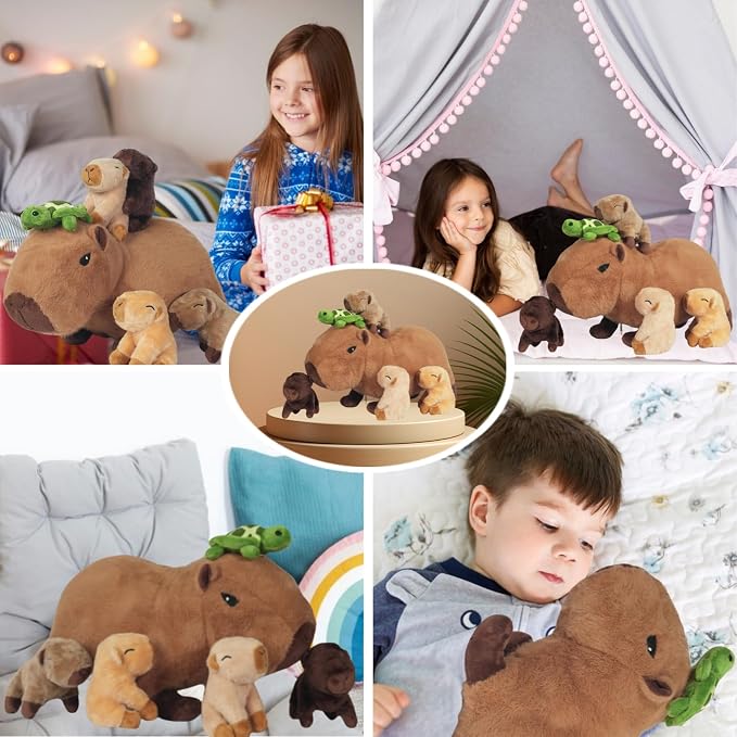 Youthfuljive 5 in 1 Capybara Plush 14.2" Capybara Stuffed Animal with Babies Inside, Mommy Stuffed Capybara Plushies Pillow Toys with 4 Baby Capibaras Peluches for Kids Birthday Party Decor